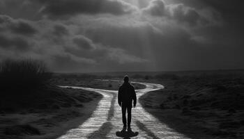 un solitario silueta caminando en soledad, belleza en naturaleza generado por ai foto