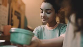 uno joven mujer sentado a hogar, participación café taza, sonriente generado por ai foto