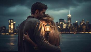 A romantic couple embraces at dusk in the illuminated city generated by AI photo