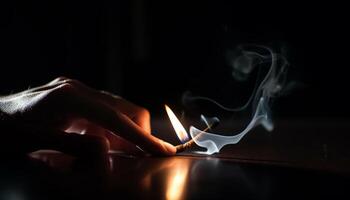 Burning cigarette ignites flame, smoking issues and unhealthy living risk generated by AI photo