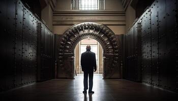 The businessman in a suit is walking through the dark corridor generated by AI photo