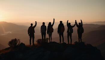 A group of cheerful hikers celebrate success at mountain peak generated by AI photo