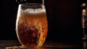 un frío, espumoso cerveza torrencial dentro un oro medio litro vaso generado por ai foto