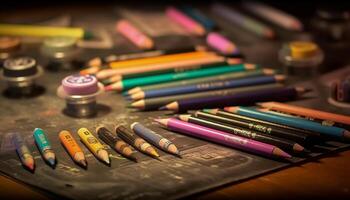 Vibrant colors on wood desk, creativity in close up arrangement generated by AI photo