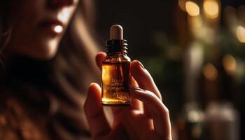 A young woman holding a scented oil bottle for aromatherapy generated by AI photo