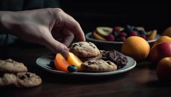 A homemade gourmet dessert plate with fresh blueberry and raspberry generated by AI photo