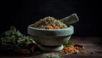 Aromatic herbs and spices in a rustic wooden bowl generated by AI photo