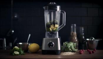 Fresh organic smoothie preparation using modern kitchen appliances and ingredients generated by AI photo