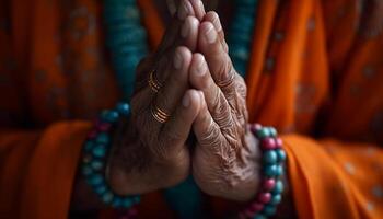 sereno mujer meditando al aire libre, participación oración rosario con abrochado manos generado por ai foto