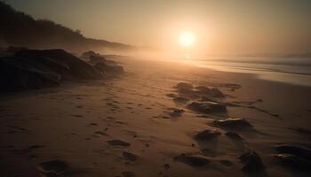 el tranquilo puesta de sol terminado el línea costera refleja el belleza en naturaleza generado por ai foto