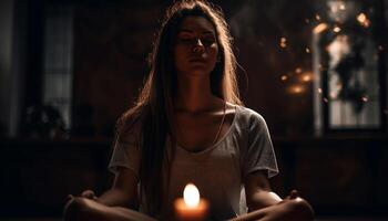 One young woman sitting, holding candle, smiling in illuminated home generated by AI photo