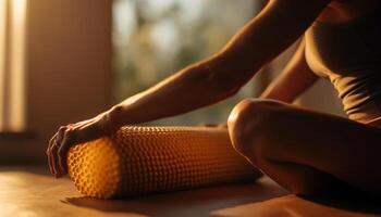 One woman meditating on exercise mat, enjoying relaxation and wellbeing generated by AI photo