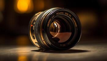 profesional fotógrafo capturas antiguo cámara reflexión con selectivo atención generado por ai foto