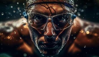 competitivo atleta salpicaduras dentro azul agua con determinación y velocidad generado por ai foto