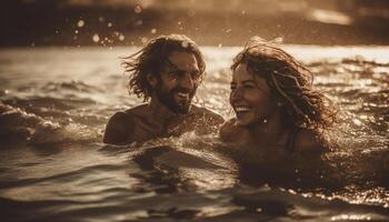 dos alegre joven adultos disfrutar verano vacaciones, salpicaduras en agua generado por ai foto