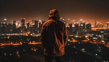 un solitario figura soportes, encapuchado, mirando a el urbano horizonte generado por ai foto