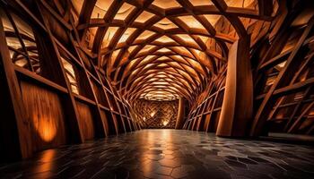 The futuristic architecture of the modern building illuminates the night generated by AI photo
