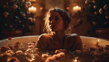 uno joven adulto mujer disfruta mimos en un cómodo bañera generado por ai foto