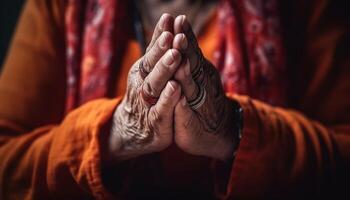 Old senior women meditating, hands clasped in tranquil yoga scene generated by AI photo