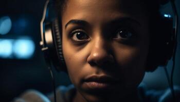 Adult woman enjoying music with headphones in illuminated nightclub generated by AI photo