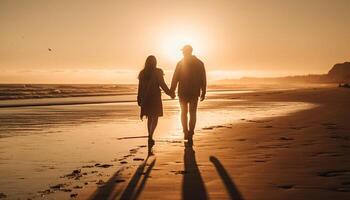 A carefree couple embraces at dusk, enjoying the sunset together generated by AI photo