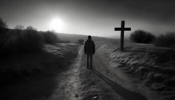 One person walking in nature, silhouette of cross symbolizes spirituality generated by AI photo