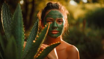 Smiling beauty model enjoys clay exfoliation at nature spa day generated by AI photo