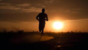 uno atleta corriendo a amanecer, determinado a lograr éxito generado por ai foto