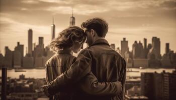 Two young adults embrace in city skyline, love and togetherness generated by AI photo