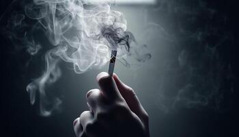 Burning cigarette held by hand, smoking addiction poses danger generated by AI photo