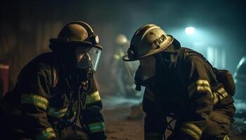 Firefighters in protective suits rescue burning building in dangerous night generated by AI photo