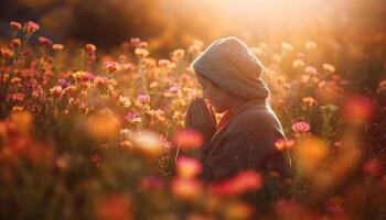 Smiling young adults enjoy playful autumn day in tranquil meadow generated by AI photo