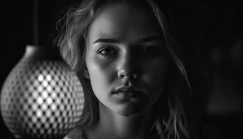 Loneliness and sadness in a beautiful woman monochrome headshot generated by AI photo