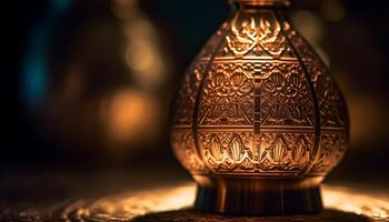 An antique lantern illuminates ornate Arabic style decoration in close up generated by AI photo