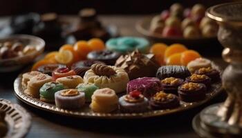 A colorful plate of homemade macaroons, ready to eat indulgence generated by AI photo