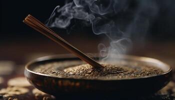 Burning incense fills the bowl with aromatic smoke and spice generated by AI photo