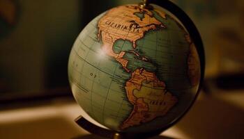 explorar el mundo topografía con un antiguo globo mapa generado por ai foto