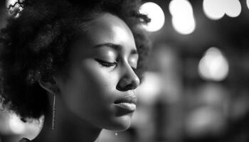 Serene young woman with curly hair, looking sad outdoors at night generated by AI photo