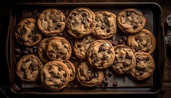 Freshly baked chocolate chip cookies on rustic cooling rack tempt indulgence generated by AI photo