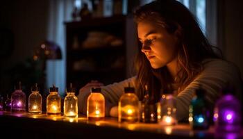 A glowing candle illuminates the solitude of a young woman generated by AI photo