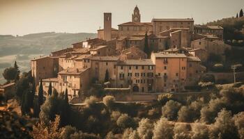 The ancient cathedral high angle view overlooks the cityscape below generated by AI photo