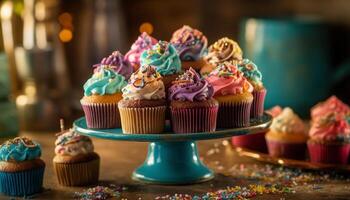 A gourmet cupcake with multi colored icing for a birthday celebration generated by AI photo