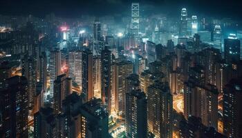 The illuminated skyscraper reflects the multi colored cityscape at night generated by AI photo