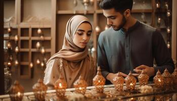 un casado Pareja en tradicional ropa celebrar cerámica taller éxito generado por ai foto