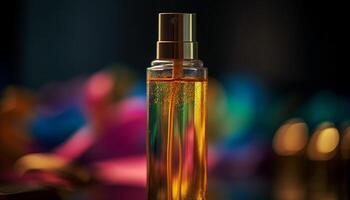 Aromatherapy oil bottle, drop of relaxation in nature beauty generated by AI photo