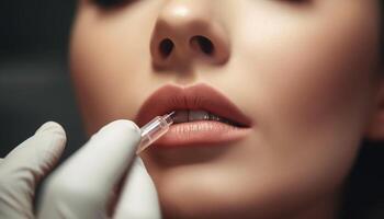 hermosa joven mujer sostiene botox inyección para sensual labios generado por ai foto