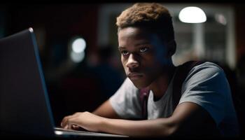 Confident African American businessman surfing the net using laptop indoors at night generated by AI photo