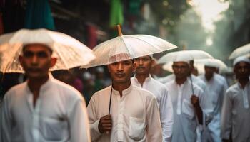 A crowded group of people walking in the rain together generated by AI photo