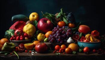 Fresh organic fruits and vegetables in a colorful autumn basket generated by AI photo