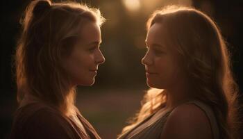 Two young women embracing in nature, enjoying carefree summer sunset generated by AI photo